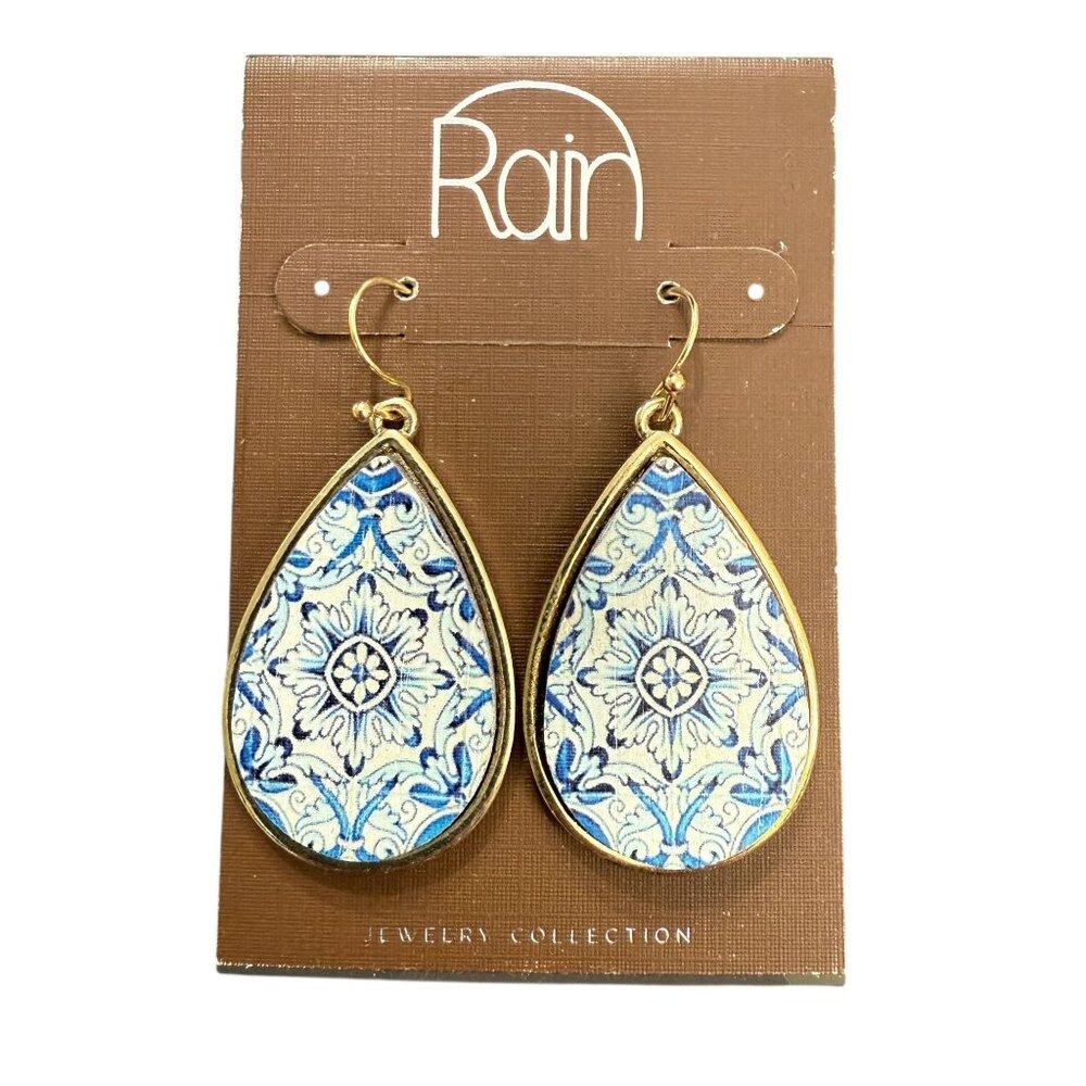 NOC Teardrop Wood Earrings Blue White Tile Pattern Gold-Tone Accents Lightweight - Picture 2 of 7